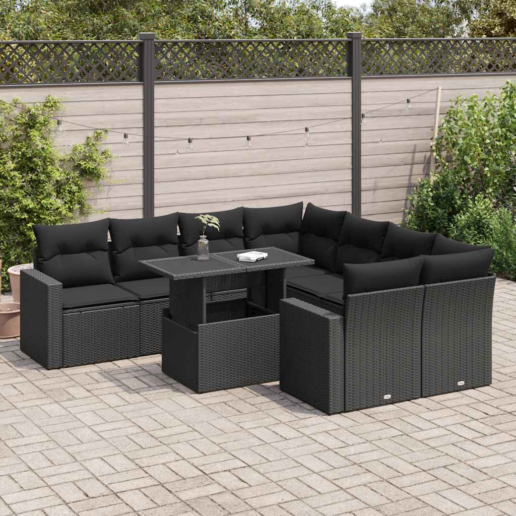 Set Divani da Giardino 9 pz con Cuscini Nero in Polyrattan 3326286