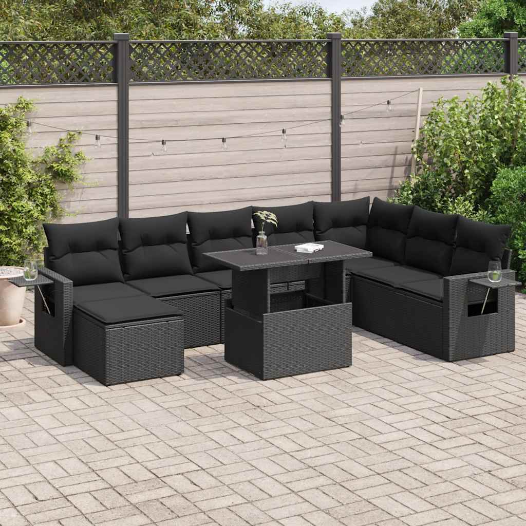 Set Divani da Giardino 9 pz con Cuscini Nero in Polyrattan 3326526