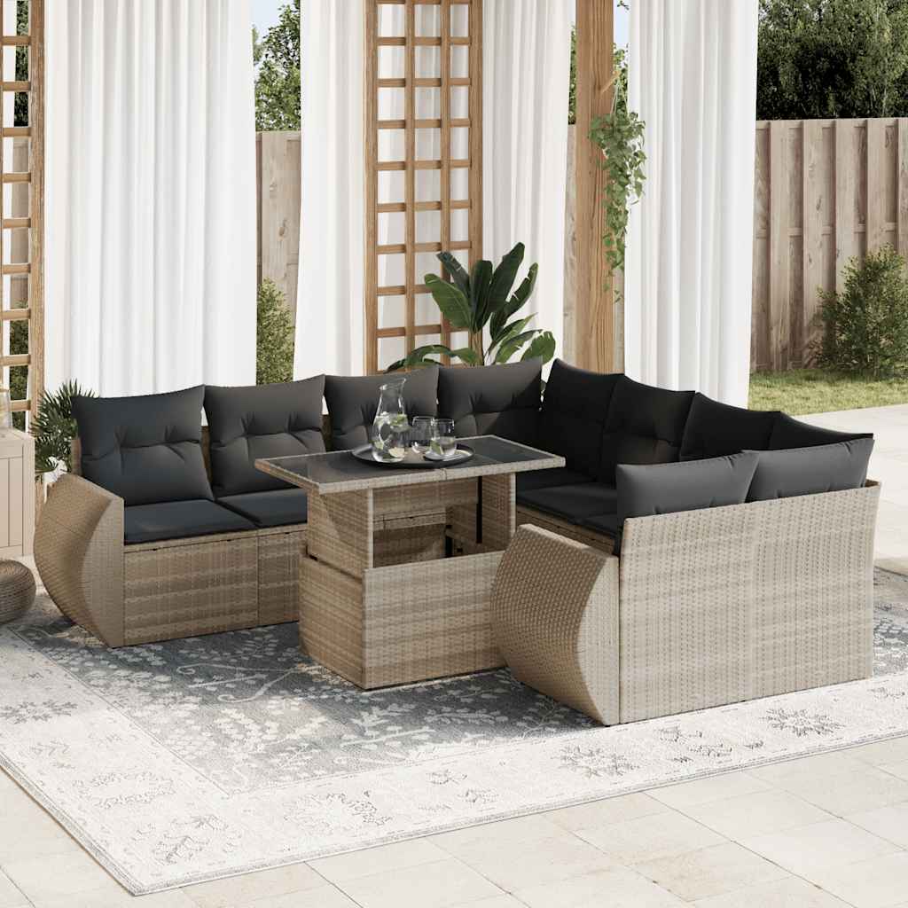 Set Divano da Giardino 9pz con Cuscini Grigio Chiaro Polyrattan 3326613