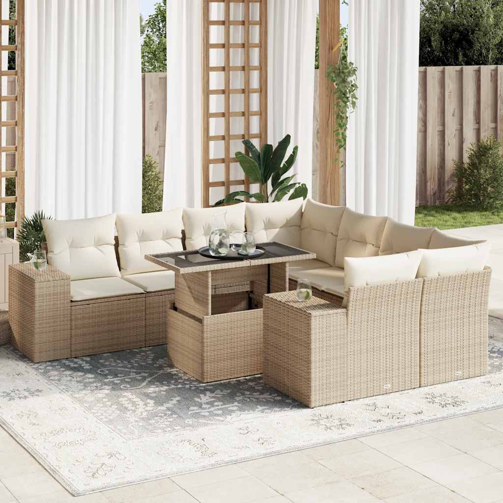 Set Divano da Giardino 9 pz con Cuscini Beige in Polyrattan 3326769