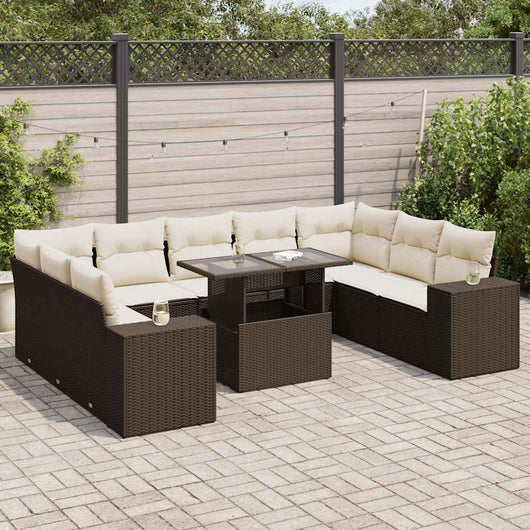 Set Divani da Giardino 10pz con Cuscini in Polyrattan Marrone 3326864