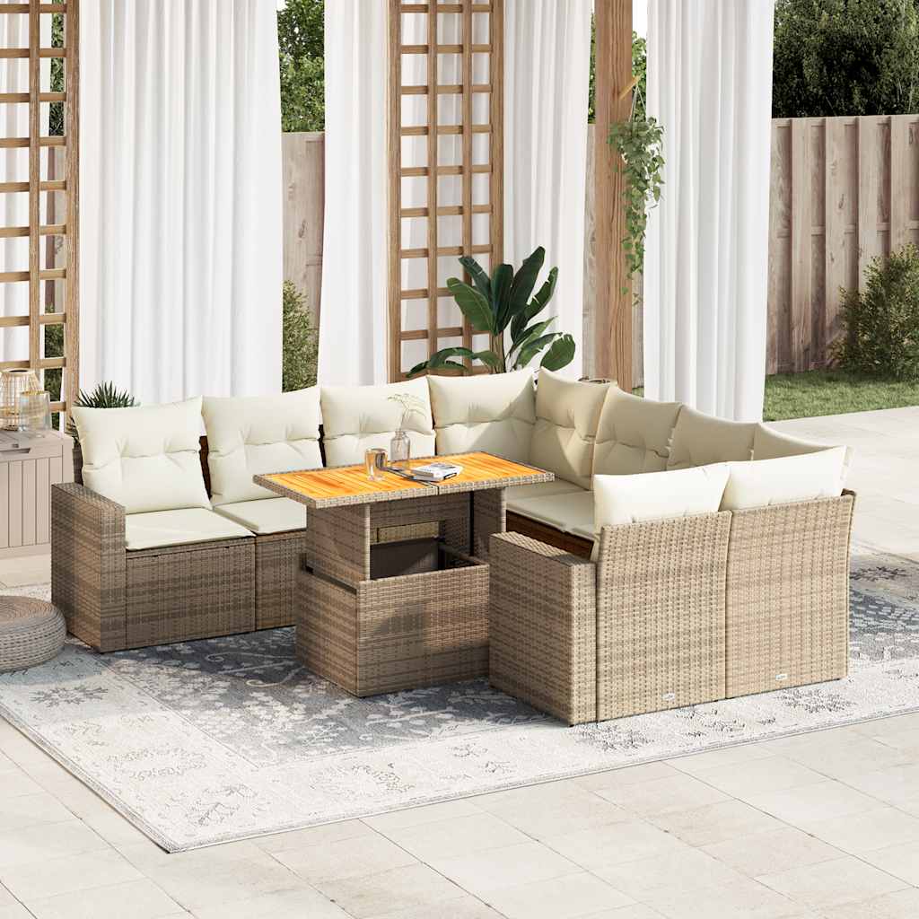 Set Divano da Giardino 9 pz con Cuscini Beige in Polyrattan 3327019