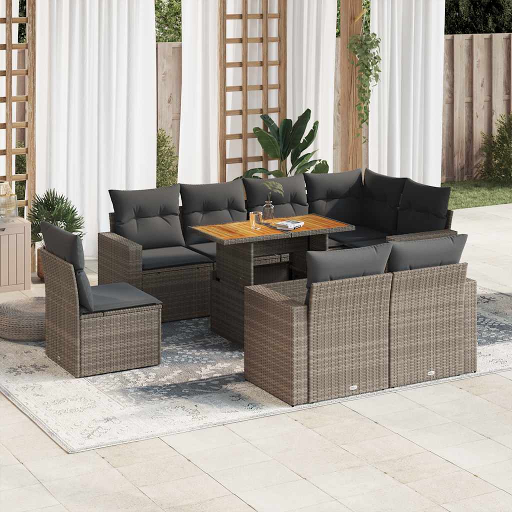 Set Divano da Giardino 9 pz con Cuscini Grigio in Polyrattan 3327056