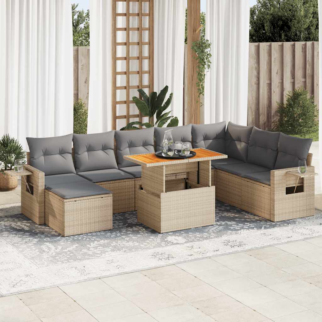 Set Divano da Giardino 9 pz con Cuscini Beige in Polyrattan 3327188