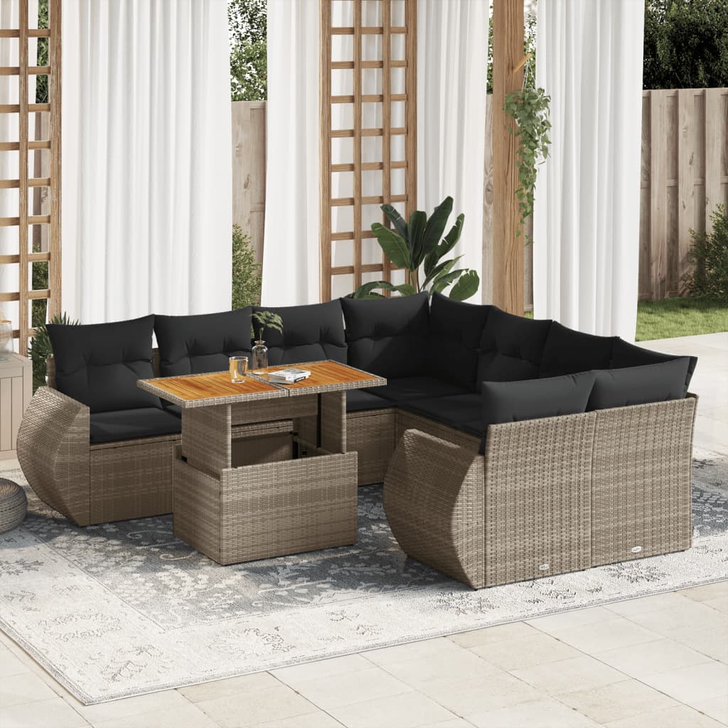 Set Divano da Giardino 9 pz con Cuscini Grigio in Polyrattan 3327245