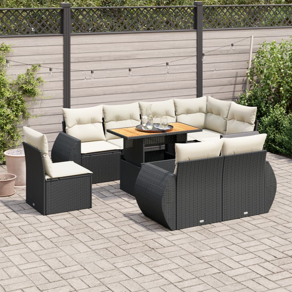 Set Divani da Giardino 9 pz con Cuscini Nero in Polyrattan 3327276