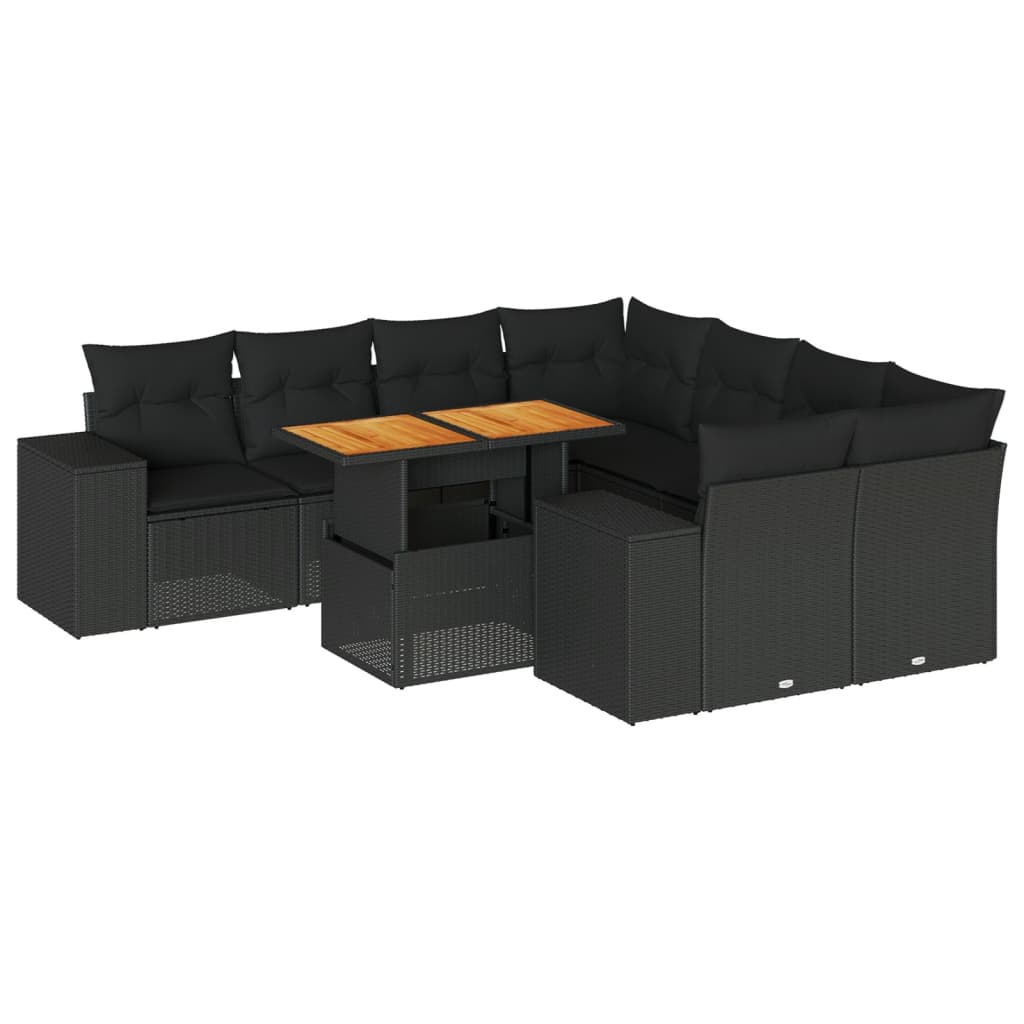 Set Divani da Giardino 9 pz con Cuscini Nero in Polyrattan 3327352