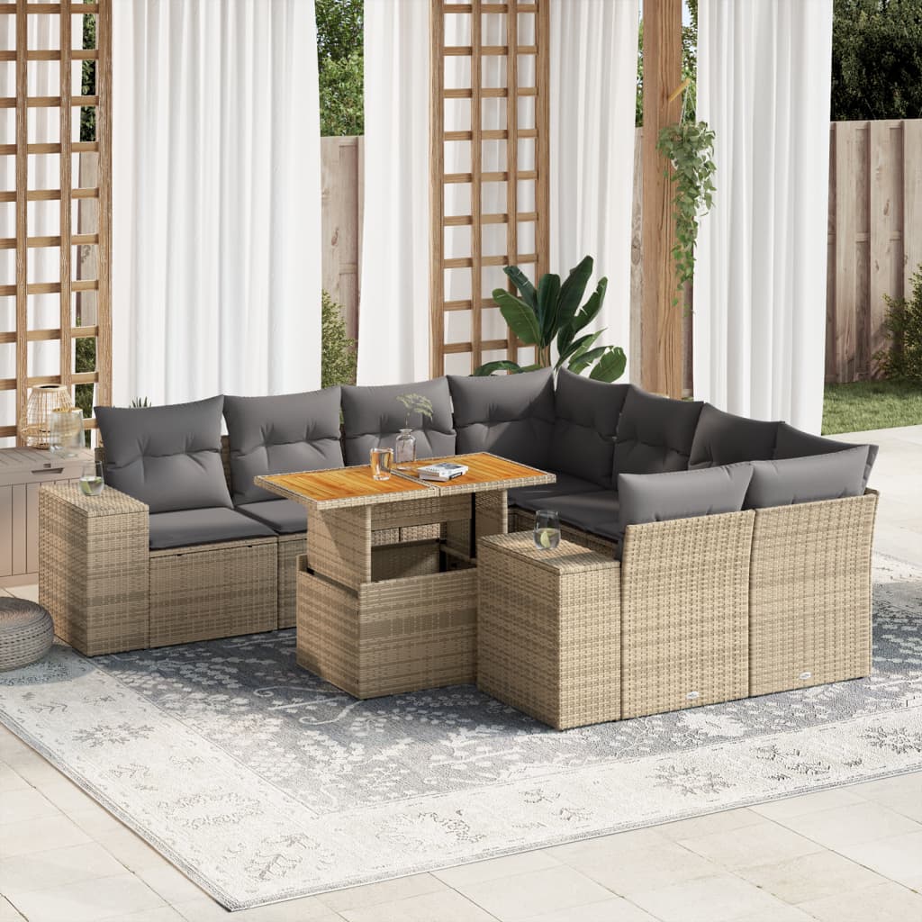 Set Divano da Giardino 9 pz con Cuscini Beige in Polyrattan 3327356