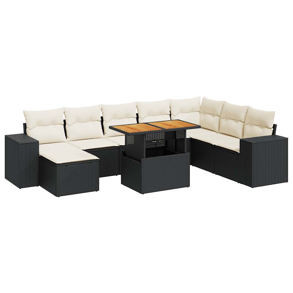 Set Divani da Giardino 9 pz con Cuscini Nero Polyrattan Acacia 3327409