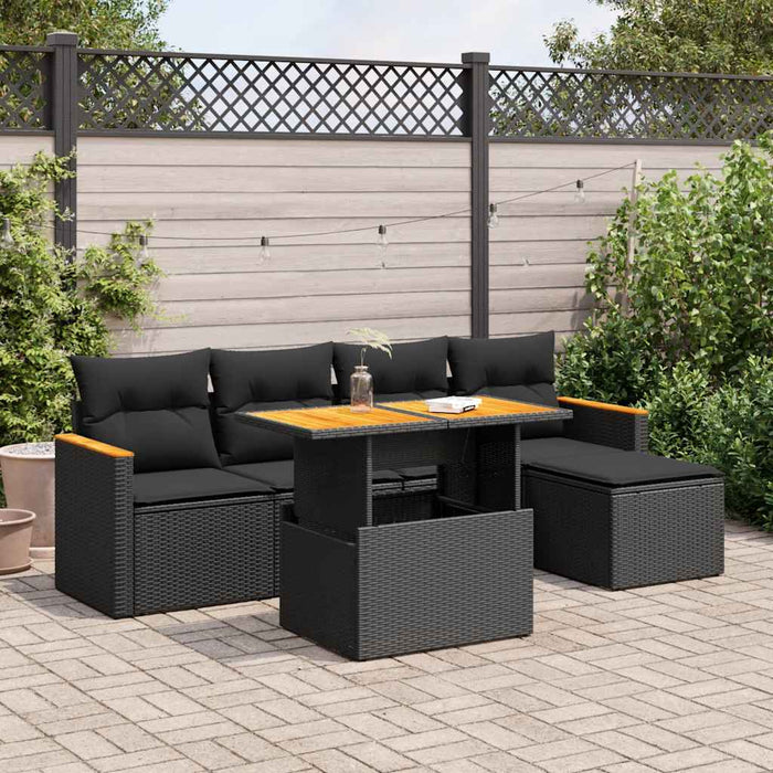 Set Divano da Giardino 6 pz con Cuscini Nero Polyrattan Acacia 3327471