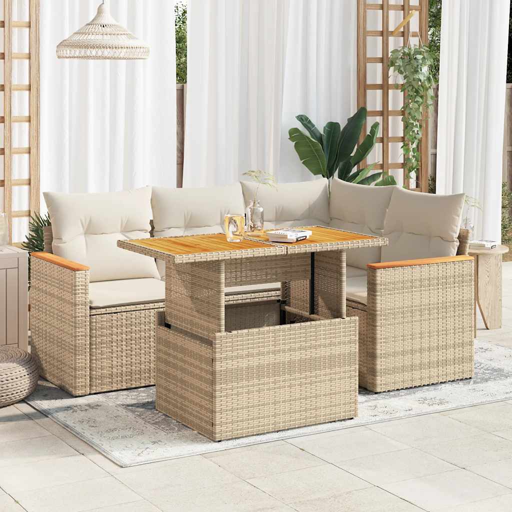 Set Divano da Giardino 5 pz con Cuscini Beige Polyrattan Acacia 3327481