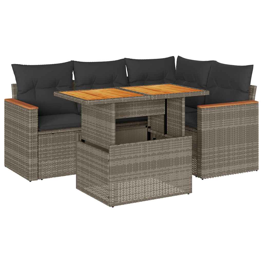 Set Divano Giardino 5 pz con Cuscini Grigio Polyrattan Acacia 3327483