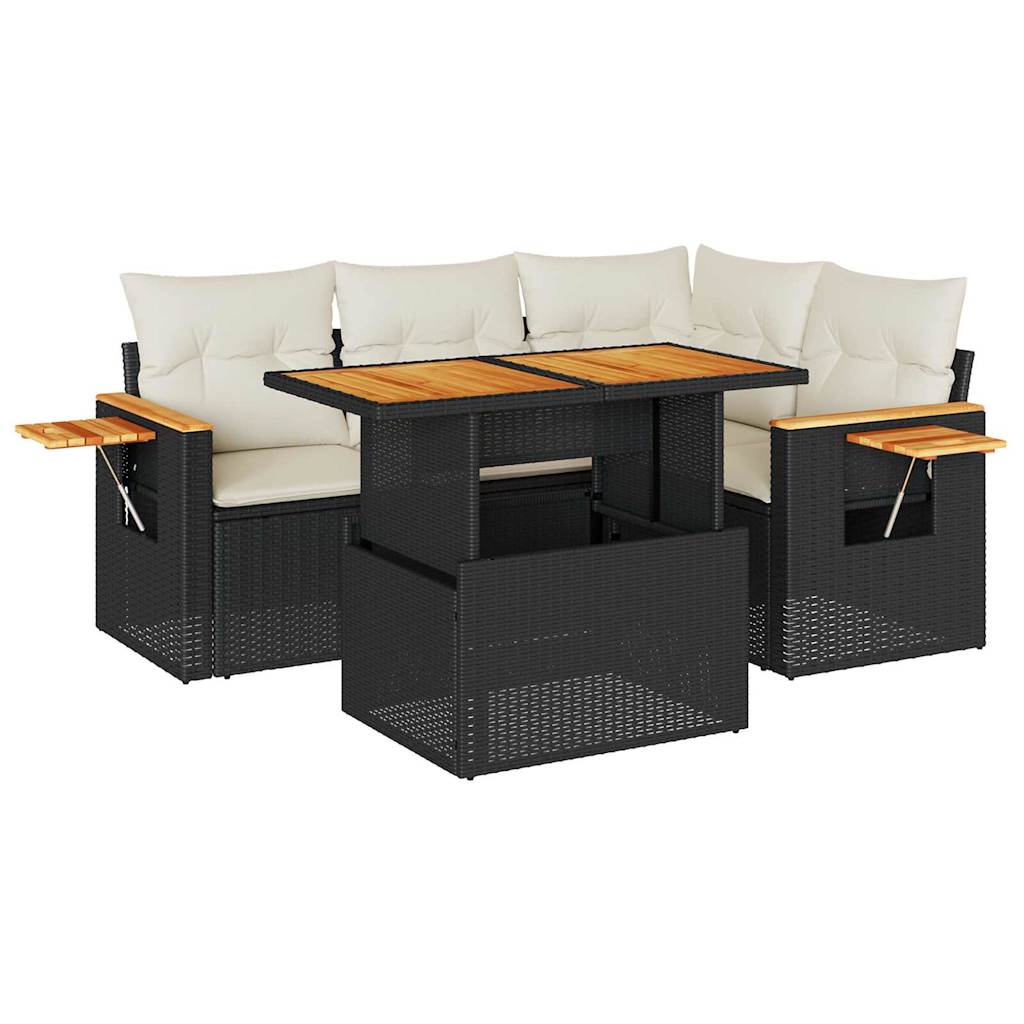 Set Divani da Giardino 5 pz con Cuscini Nero Polyrattan Acacia 3327591