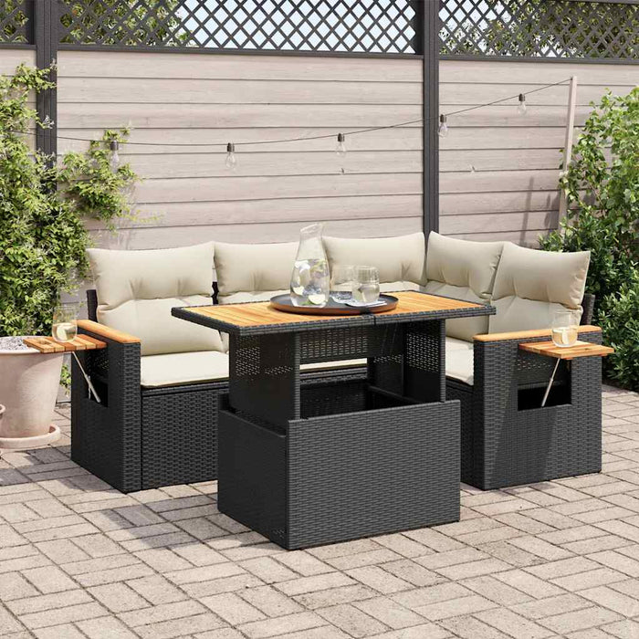 Set Divani da Giardino 5 pz con Cuscini Nero Polyrattan Acacia 3327591