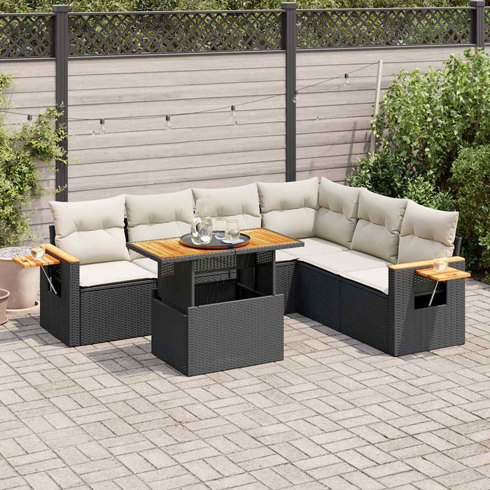 Set Divani da Giardino con Cuscini 7pz Nero Polyrattan Acacia 3327605