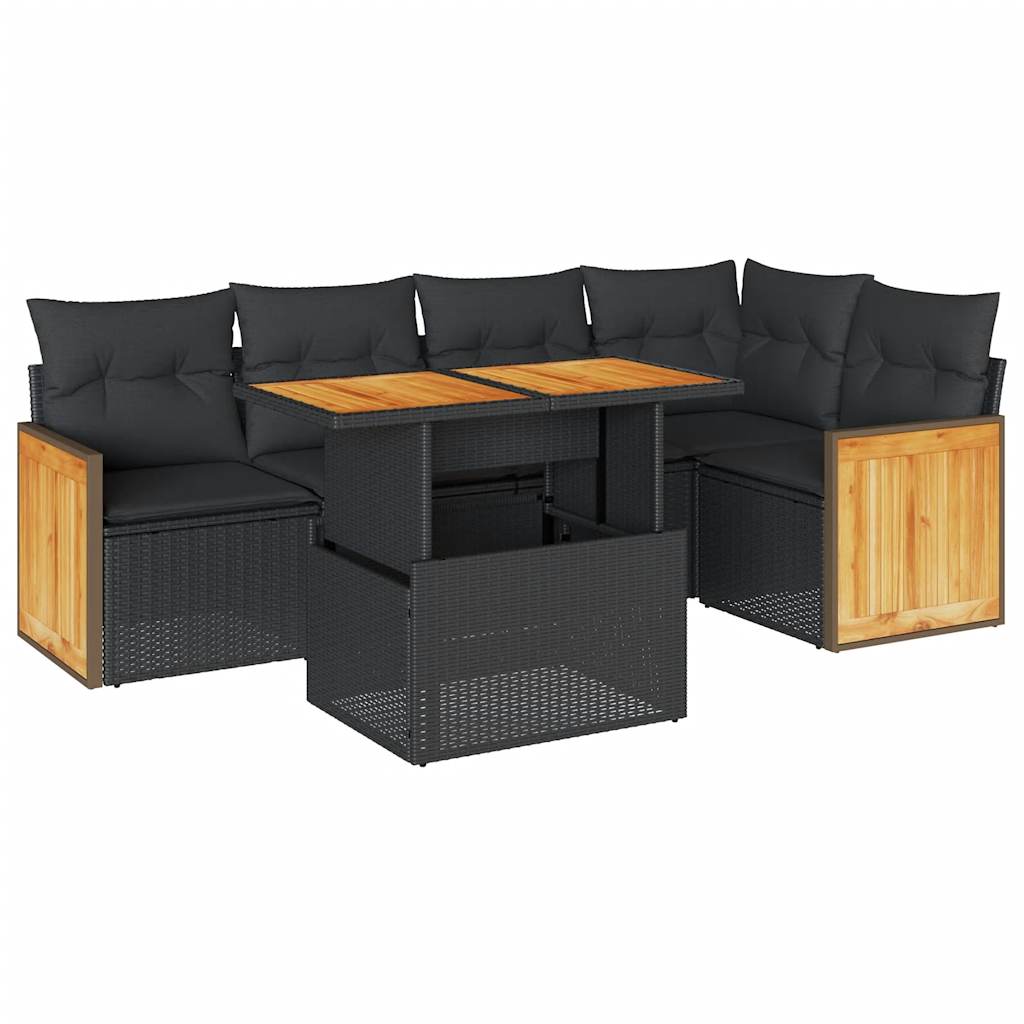 Set Divano da Giardino 6 pz con Cuscini Nero Polyrattan Acacia 3327709