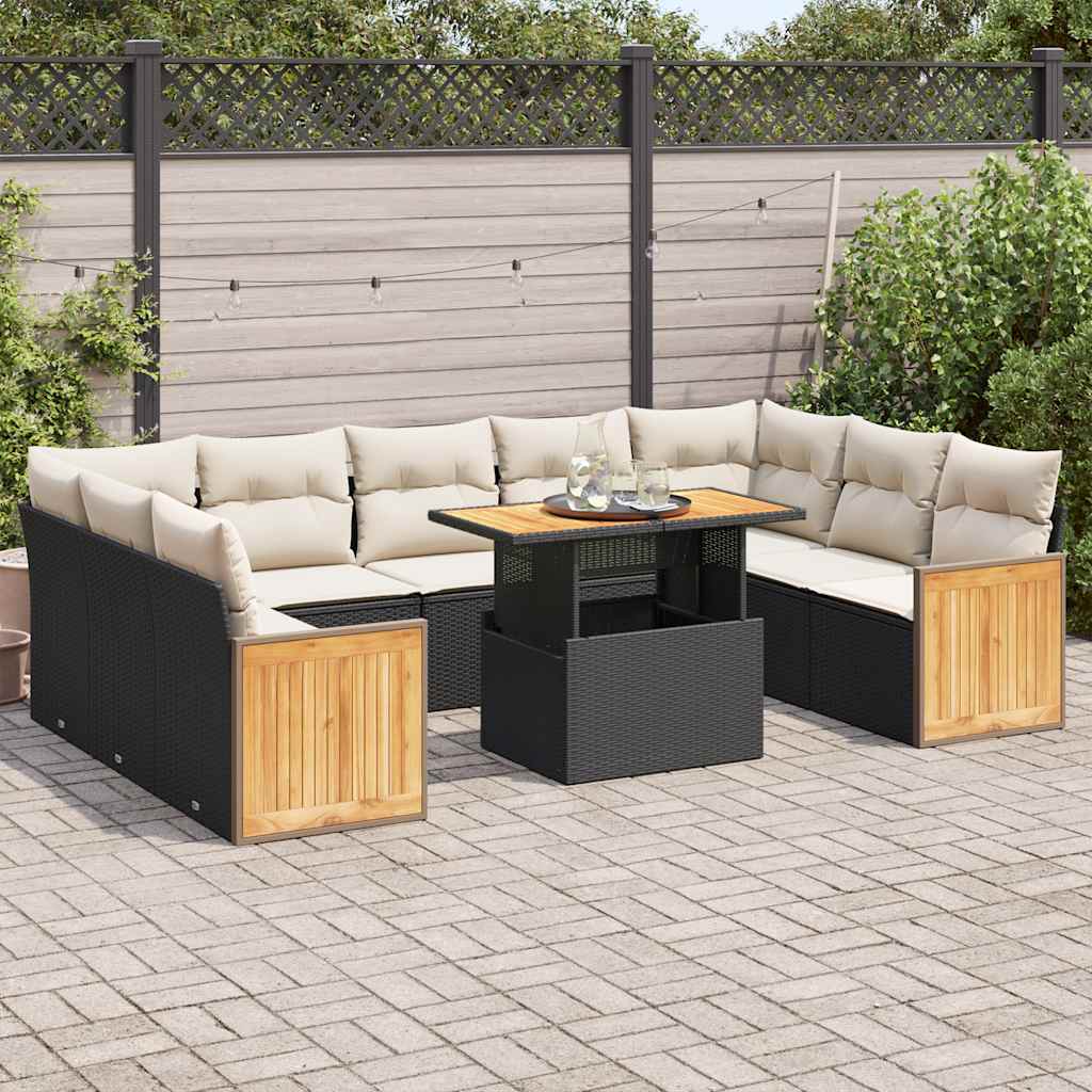 Set Divani Giardino 10pz con Cuscini Nero in Polyrattan Acacia 3327752