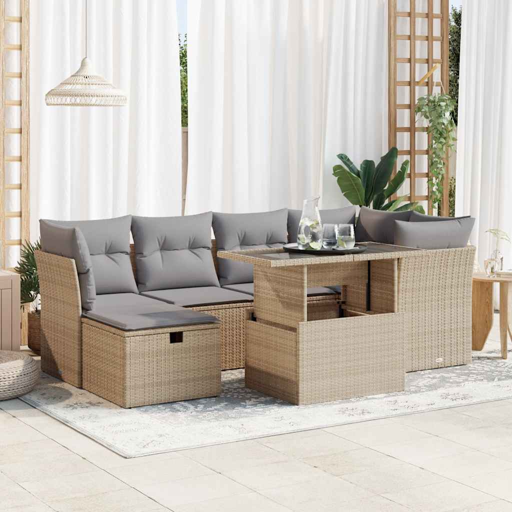 Set Divani da Giardino 7 pz con Cuscini Beige in Polyrattan 3327779