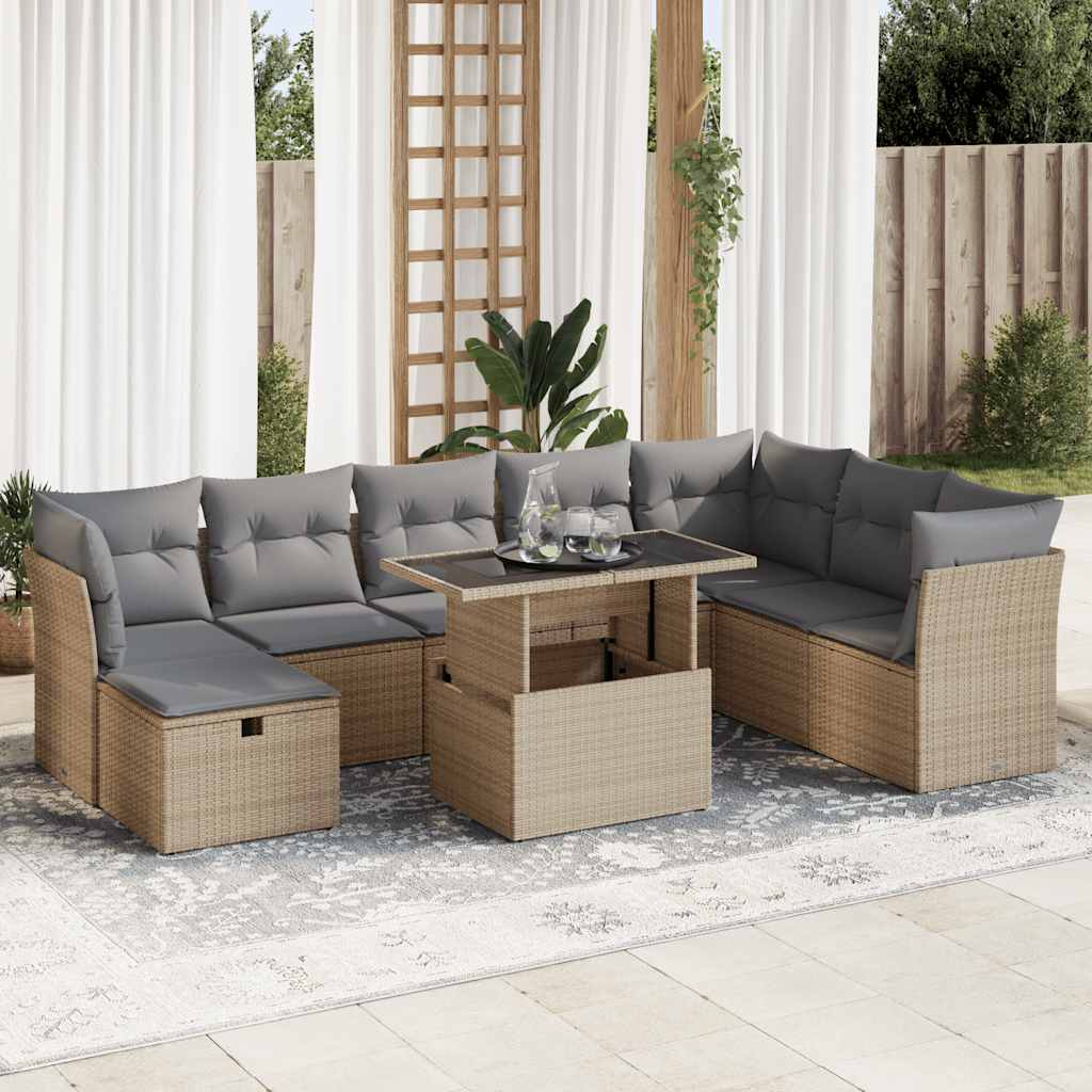 Set Divano da Giardino 9 pz con Cuscini Beige in Polyrattan 3327799