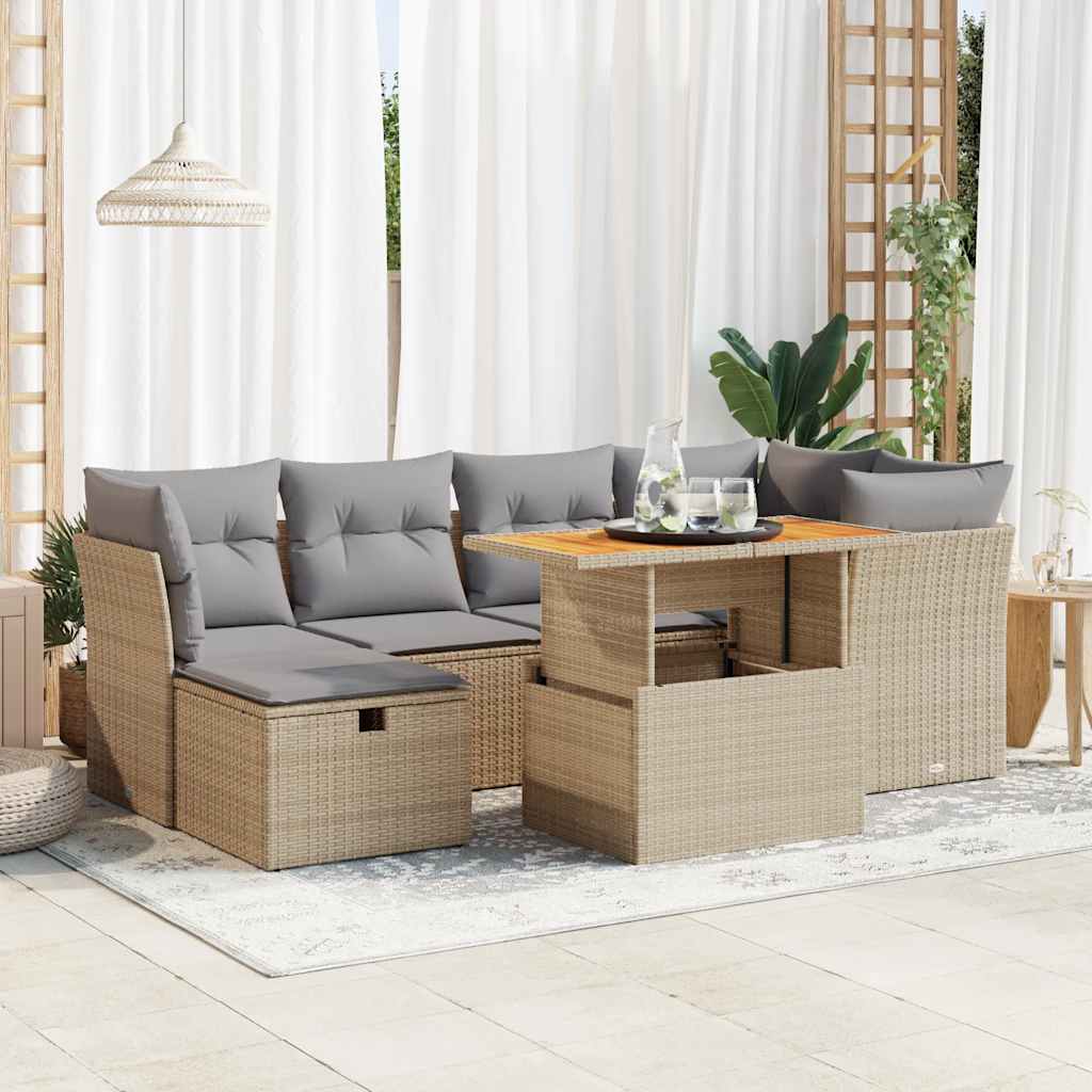 Set Divani da Giardino 7 pz con Cuscini Beige Polyrattan Acacia 3327976