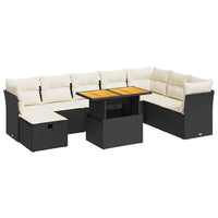 Set Divani da Giardino 9 pz con Cuscini Nero Polyrattan Acacia 3327987