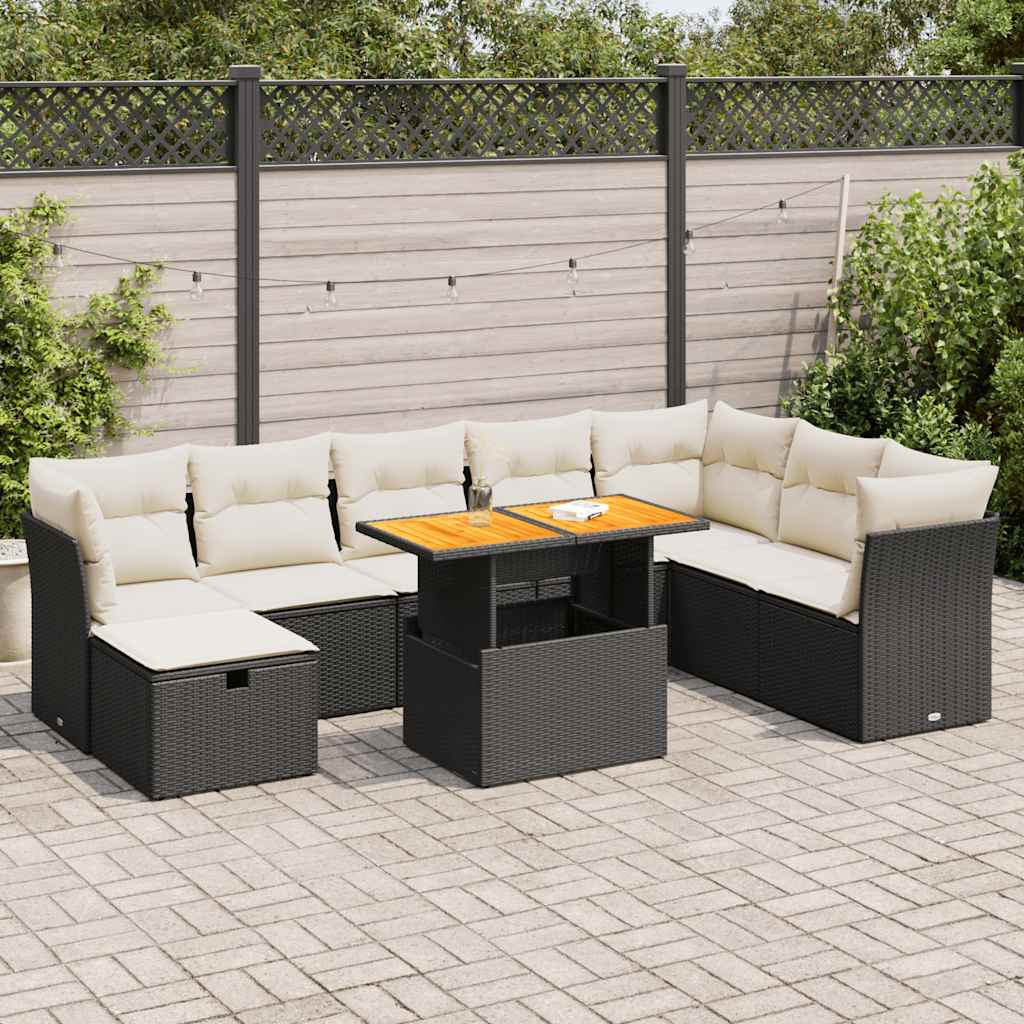 Set Divani da Giardino 9 pz con Cuscini Nero Polyrattan Acacia 3327987