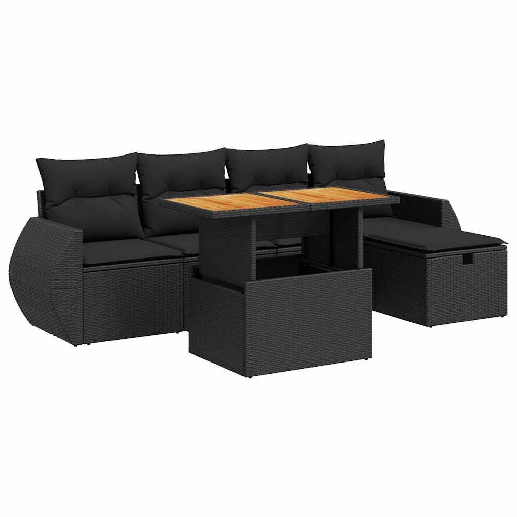 Set Divano da Giardino 6 pz con Cuscini Nero Polyrattan Acacia 3328049