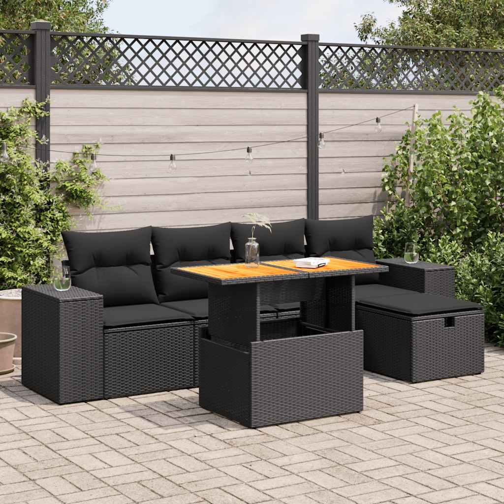 Set Divano da Giardino 6 pz con Cuscini Nero Polyrattan Acacia 3328077