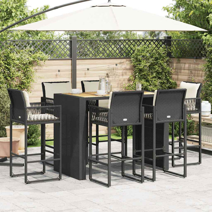 Set Bar da Giardino 7 pz con Cuscini Nero in Polyrattan Acacia 3328902