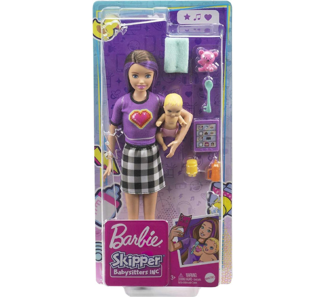 Barbie Skipper Babysitters Bambola Bruna Bebè e 4 Accessori Idea Regalo