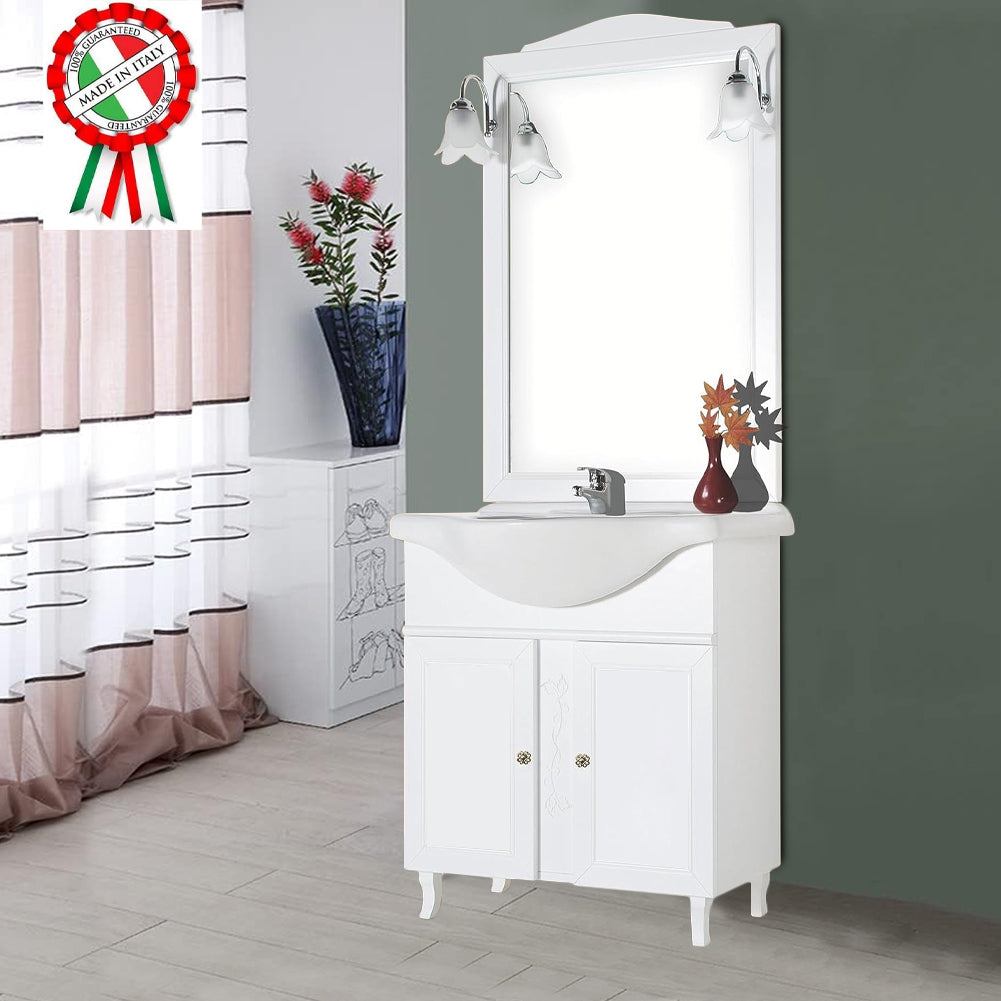 Mobile Da Bagno Bianco Completo Modello Giada Ante Lisce 75cm Legno con Specchio