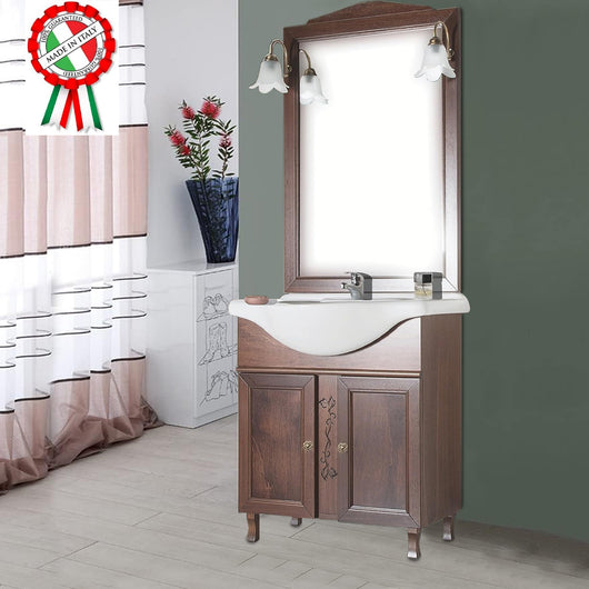 Mobile Da Bagno Noce Completo Modello Giada Ante Lisce 75cm Legno con Specchio