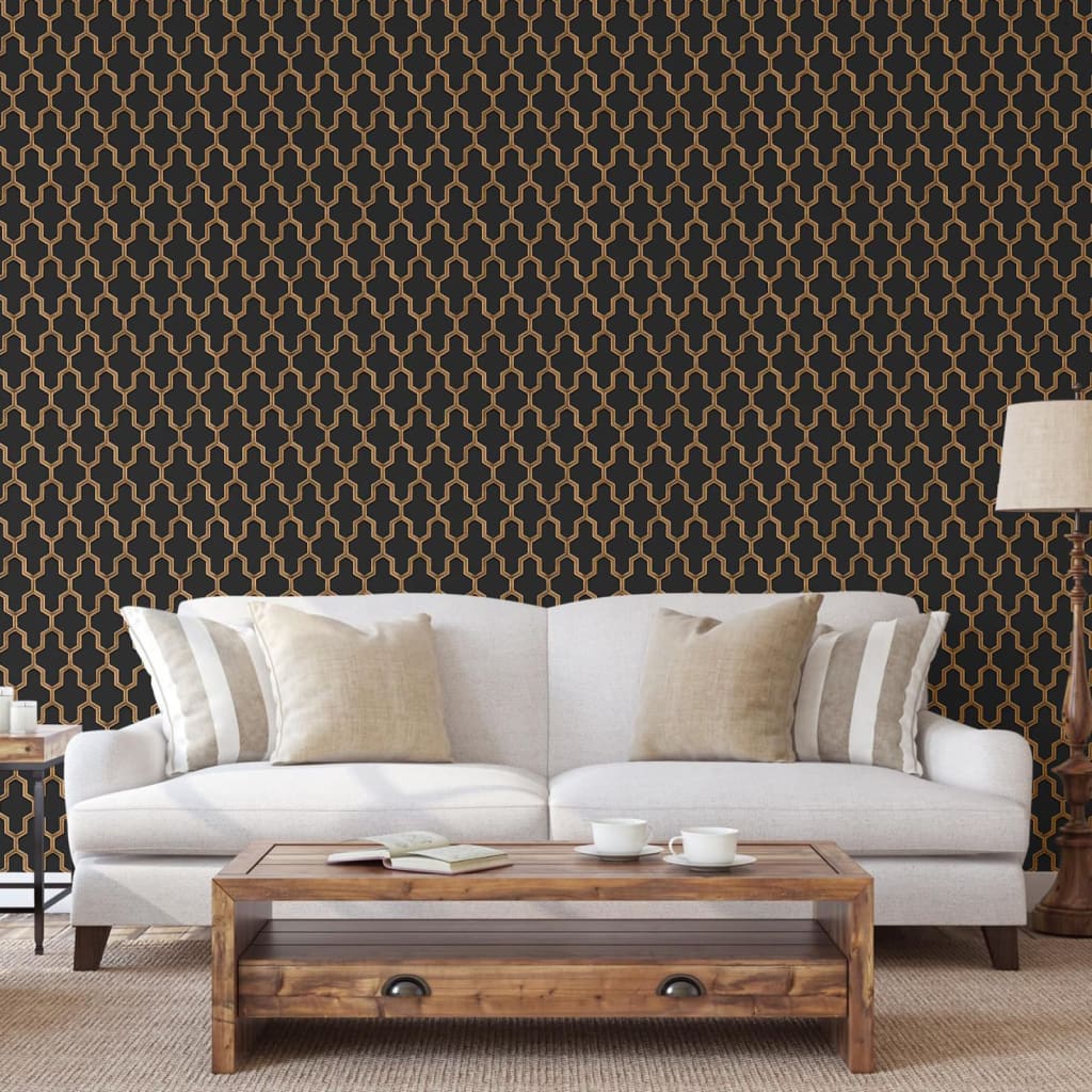 DUTCH WALLCOVERINGS Carta da Parati Geometric Nero e Oro 442591