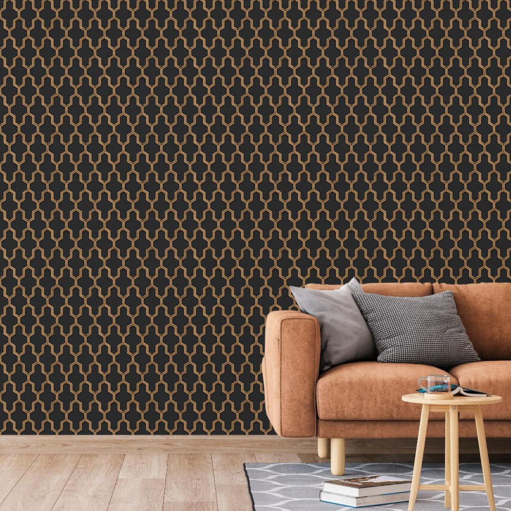 DUTCH WALLCOVERINGS Carta da Parati Geometric Nero e Oro 442591