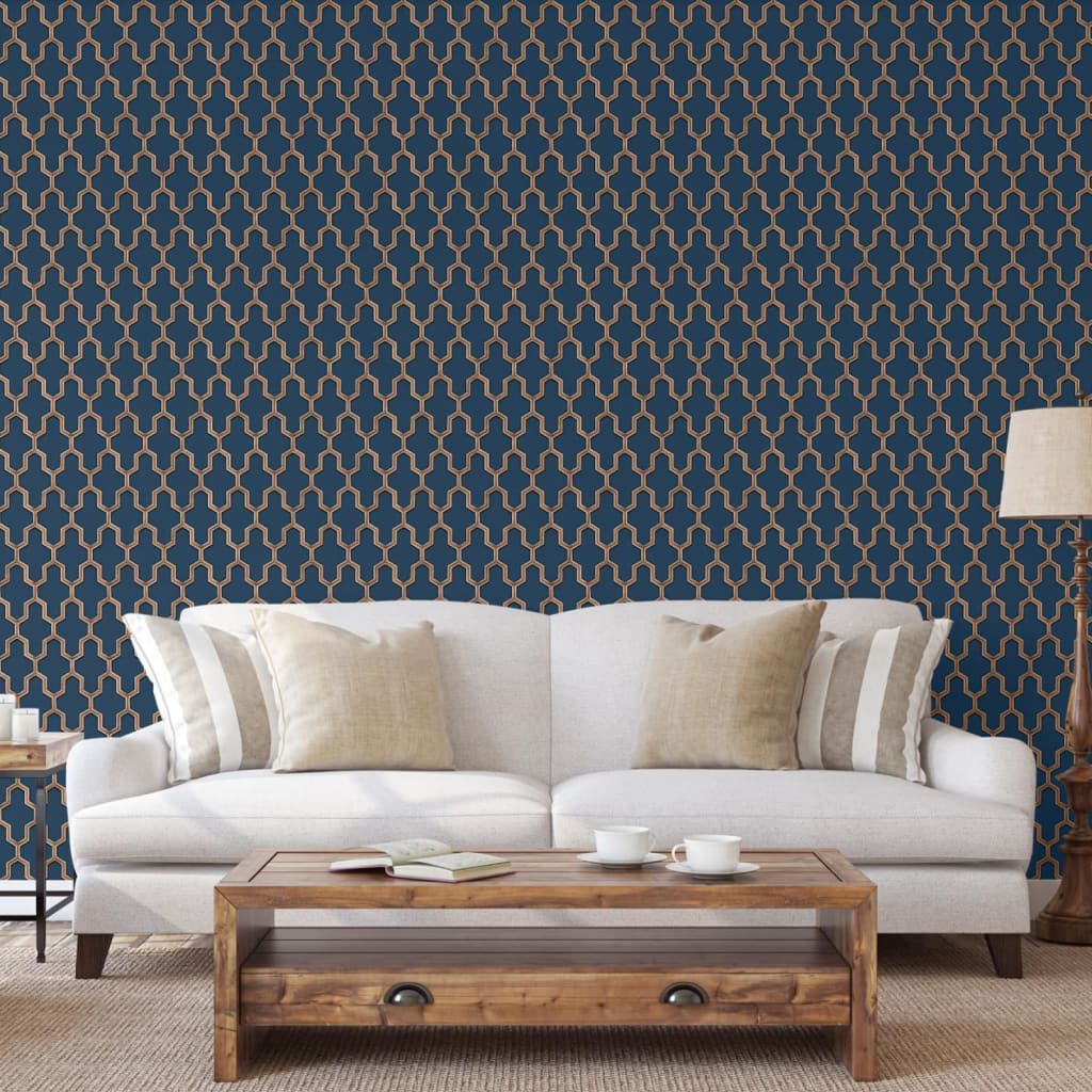 DUTCH WALLCOVERINGS Carta da Parati Geometric Blu e Oro 442592