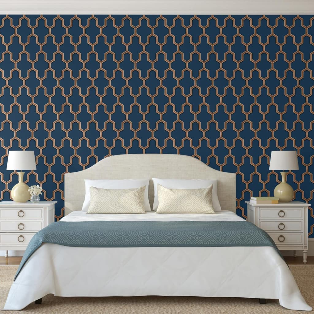 DUTCH WALLCOVERINGS Carta da Parati Geometric Blu e Oro 442592