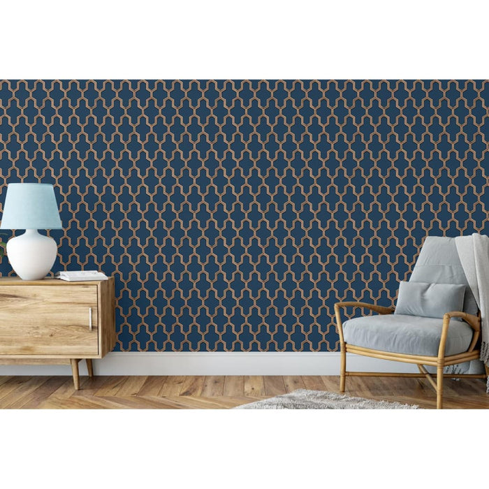 DUTCH WALLCOVERINGS Carta da Parati Geometric Blu e Oro 442592