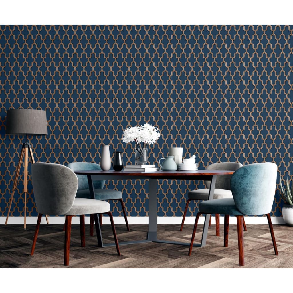 DUTCH WALLCOVERINGS Carta da Parati Geometric Blu e Oro 442592