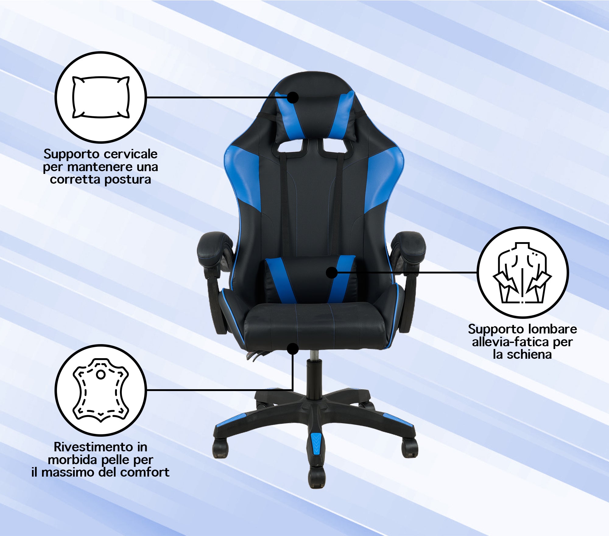 Sedia Gaming Professionale SimilPelle Reclinabile Con Braccioli Poltrona Ufficio Regolabile in Altezza Pistone Gas,Cuscino Poggiatesta E Lombare Gamer - Blu