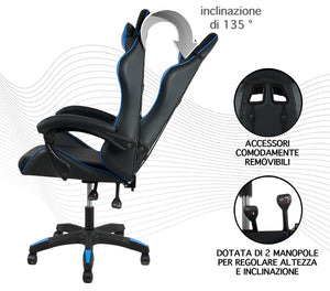 Sedia Gaming Professionale SimilPelle Reclinabile Con Braccioli Poltrona Ufficio Regolabile in Altezza Pistone Gas,Cuscino Poggiatesta E Lombare Gamer - Blu