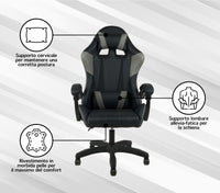 Sedia Gaming Professionale SimilPelle Reclinabile Con Braccioli Poltrona Ufficio Regolabile in Altezza Pistone Gas,Cuscino Poggiatesta E Lombare Gamer - Grigio