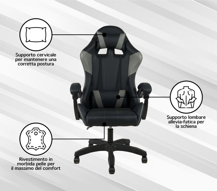 Sedia Gaming Professionale SimilPelle Reclinabile Con Braccioli Poltrona Ufficio Regolabile in Altezza Pistone Gas,Cuscino Poggiatesta E Lombare Gamer - Grigio