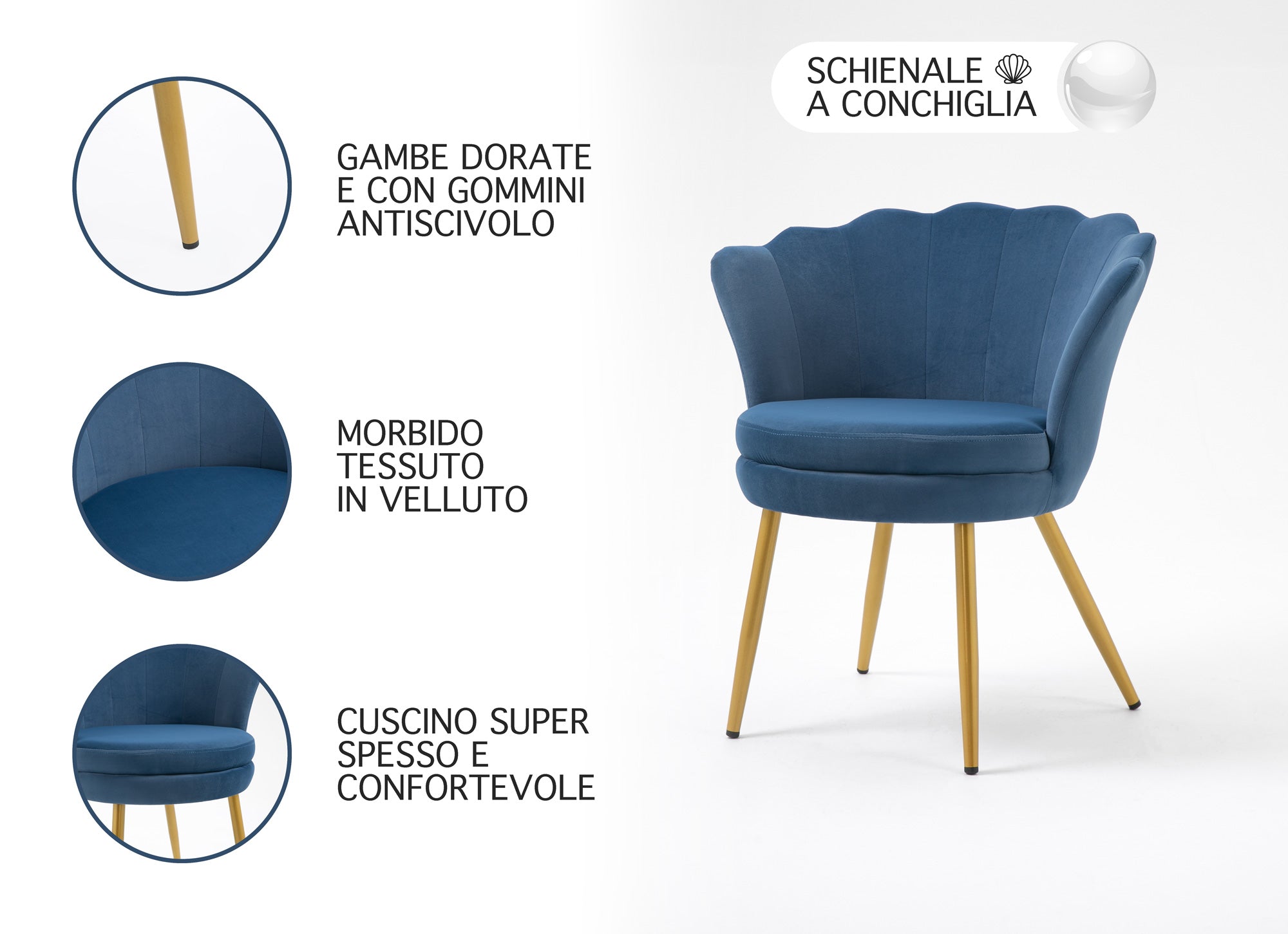 Poltrona chiglia Camera da Letto in Velluto Design Moderno, Sedia Classica  - Poltroncina per Salotto  Seduta Morbida Imbottita Modello Maddina - Blu