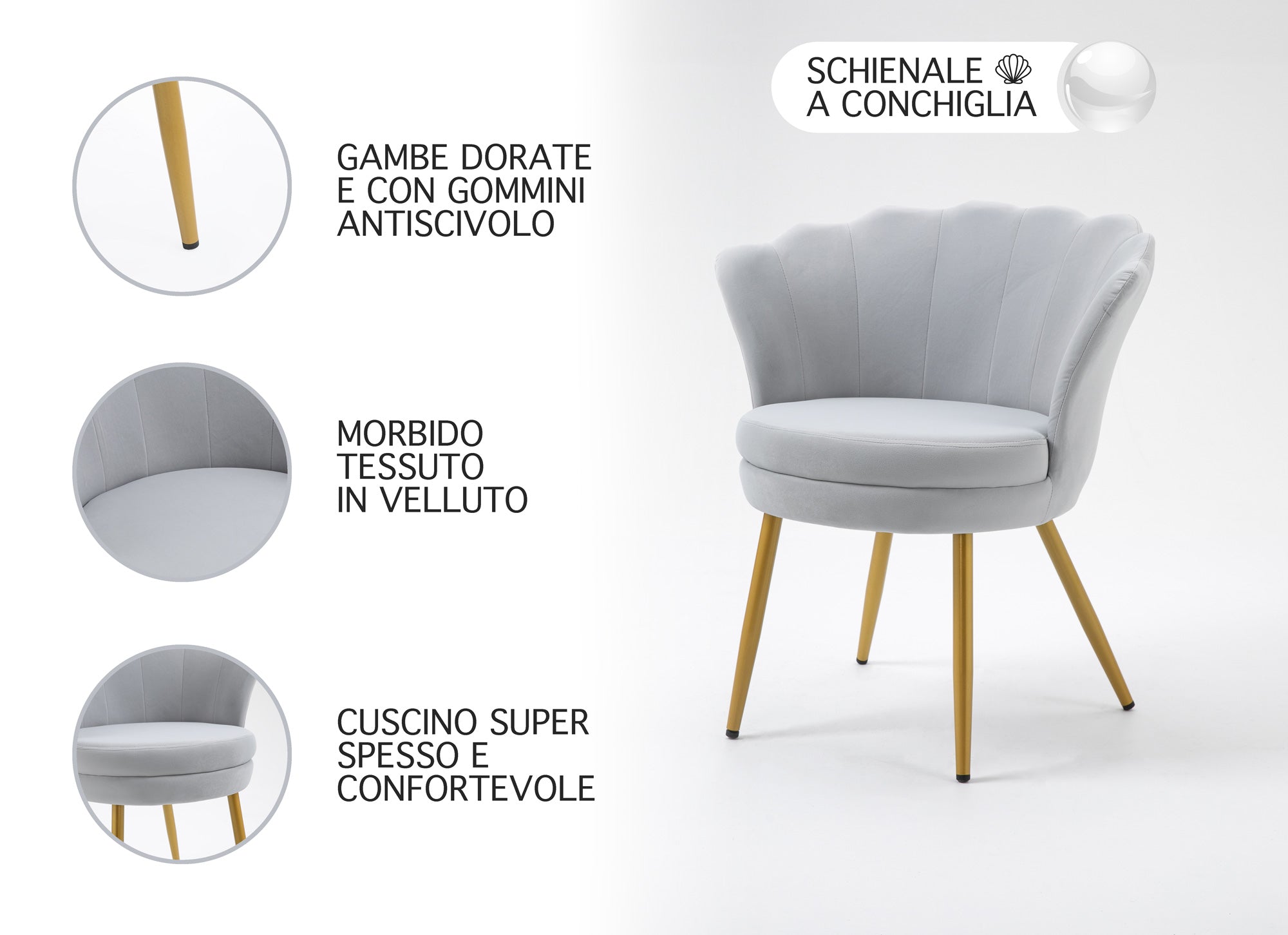 Poltrona chiglia Camera da Letto in Velluto Design Moderno, Sedia Classica  - Poltroncina per Salotto  Seduta Morbida Imbottita Modello Maddina - Grigio