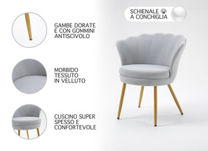 Poltrona chiglia Camera da Letto in Velluto Design Moderno, Sedia Classica  - Poltroncina per Salotto  Seduta Morbida Imbottita Modello Maddina - Grigio