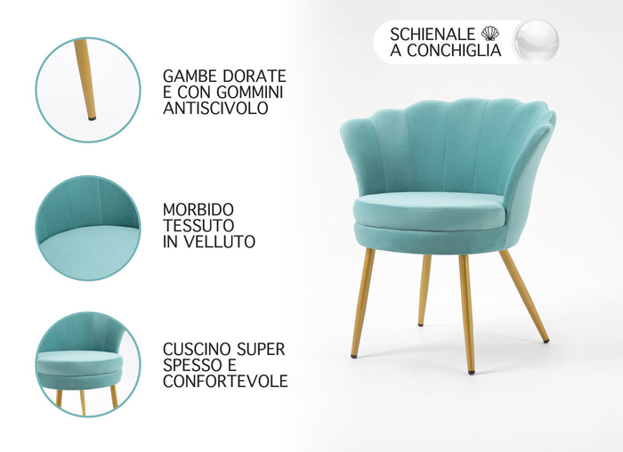 Poltrona Conchiglia in Velluto Design Moderno,Gambe in Metallo Placcato Oro -  Modello Maddina - Tiffany