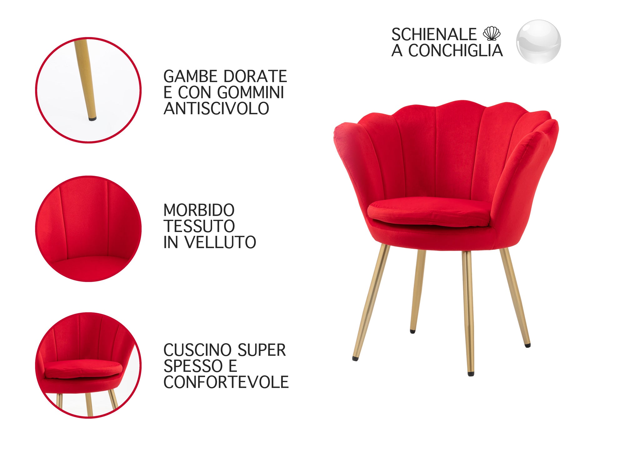 Poltrona Conchiglia in Velluto Design Moderno,Gambe in Metallo Placcato Oro -Modello Maddina - Ciliegia