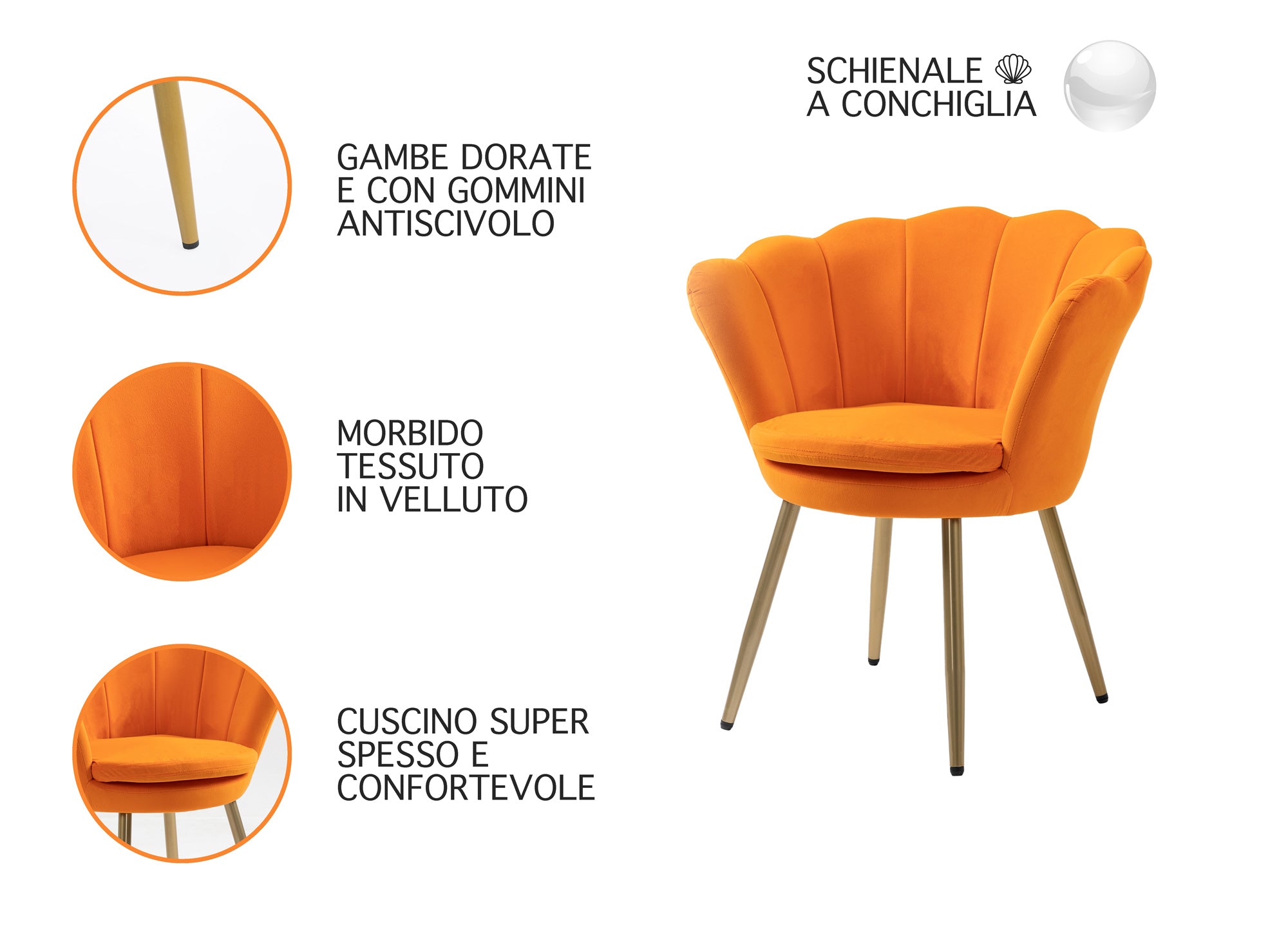 Poltrona Conchiglia in Velluto Design Moderno,Gambe in Metallo Placcato Oro -  Modello Maddina - Mandarino