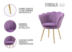 Poltrona Conchiglia in Velluto Design Moderno,Gambe in Metallo Placcato Oro -Modello Maddina - Violetto