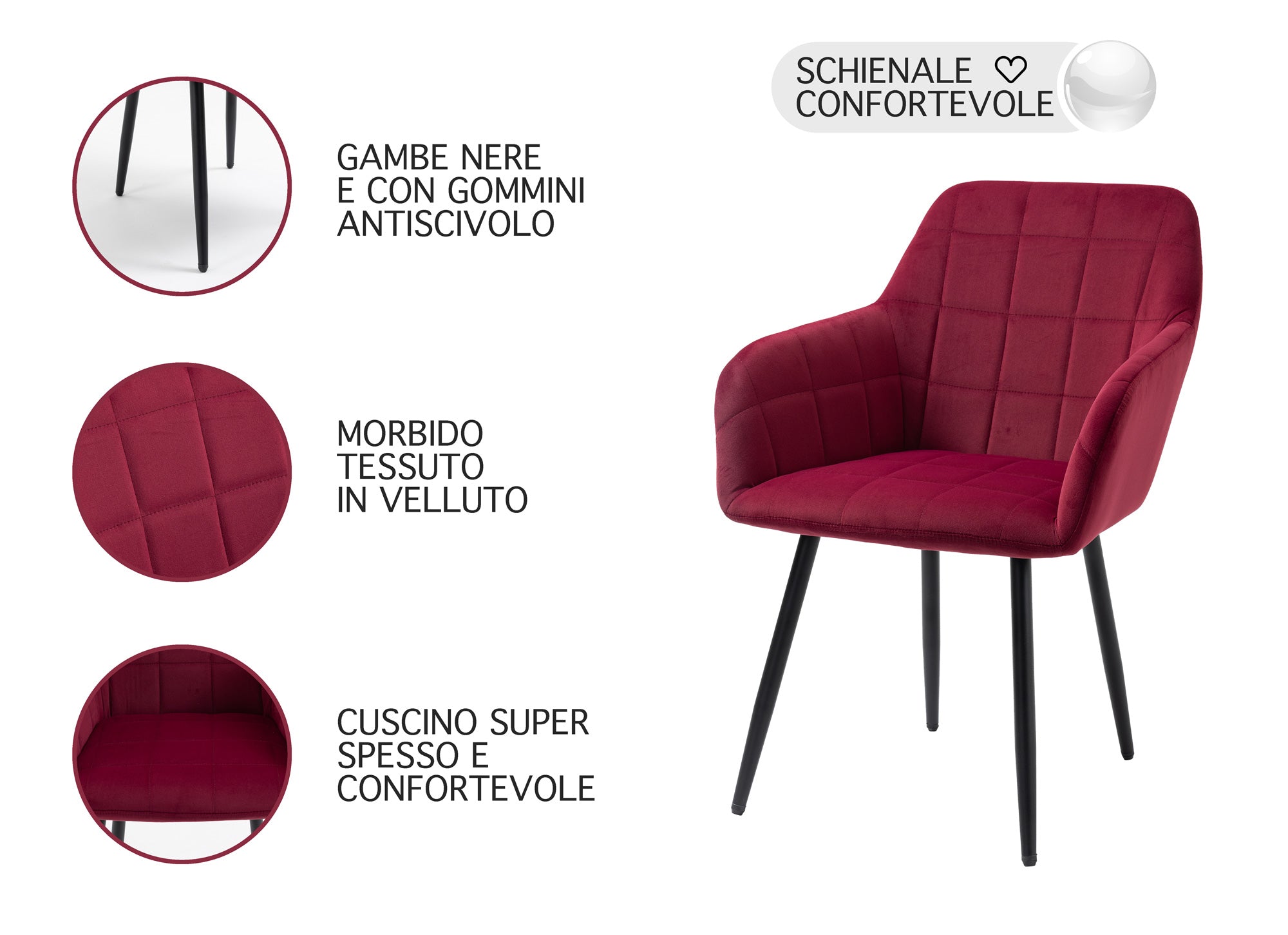 Poltroncina Classica con Braccioli per Camera da Letto in Velluto Design Moderno-Bordeaux